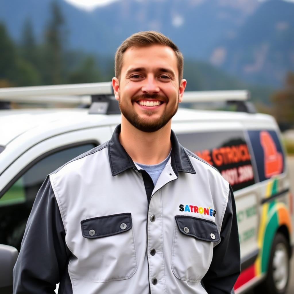 North Bend Garage Doors professional technician standing proudly next to service van with mountain backdrop