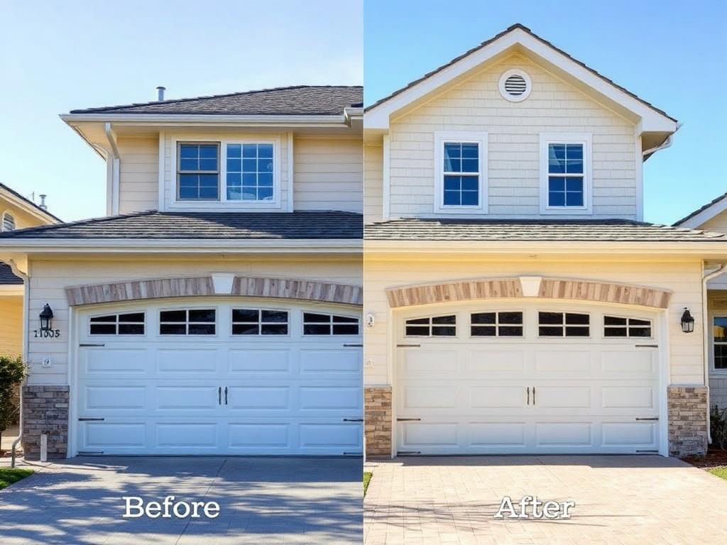 Before and after comparison of new garage door installation showing property value improvement
