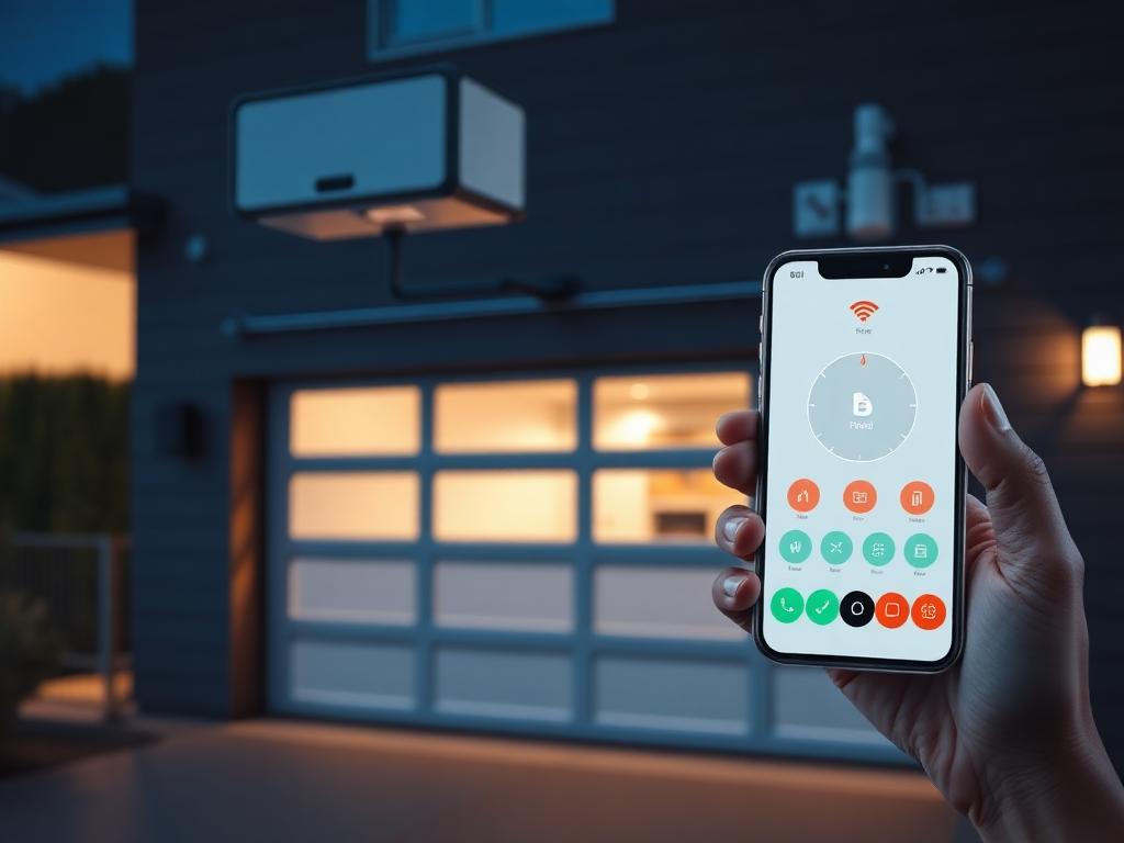 Smart home garage door system with smartphone app interface controlling the door