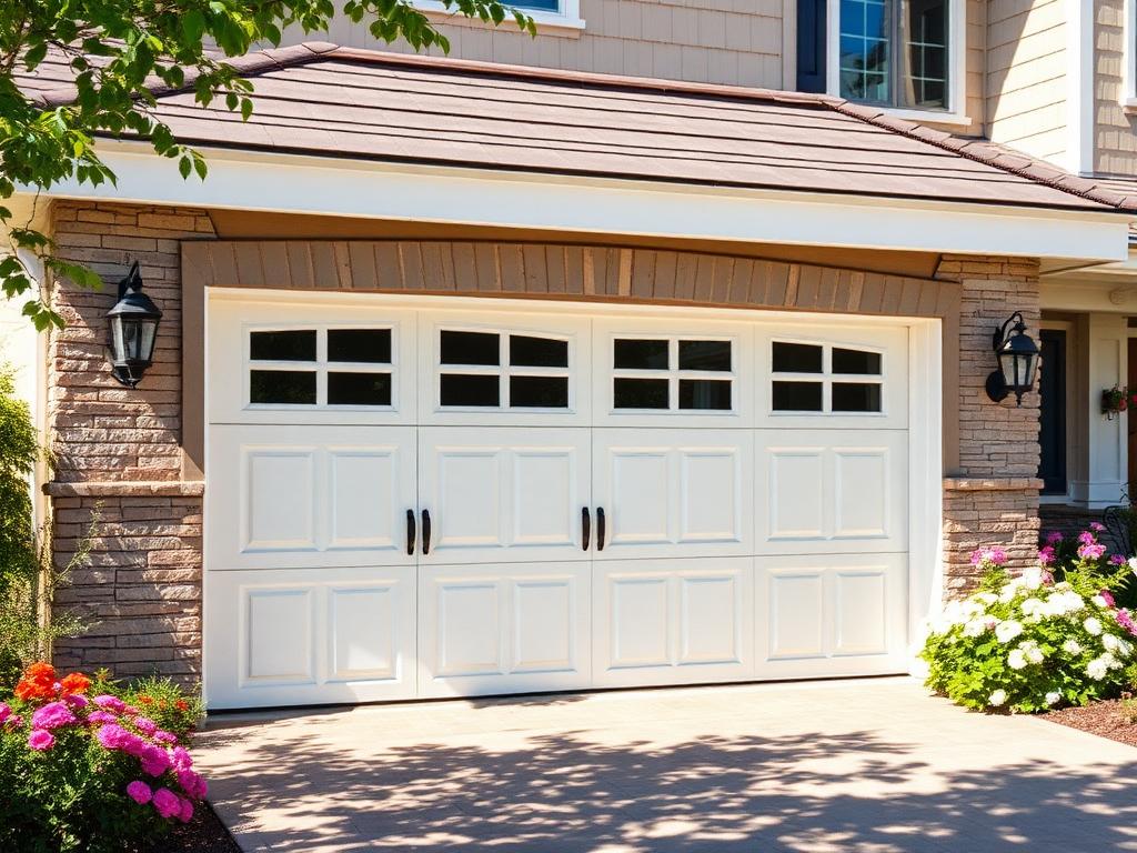 Beautiful garage door on home in sunny summer weather with blooming garden