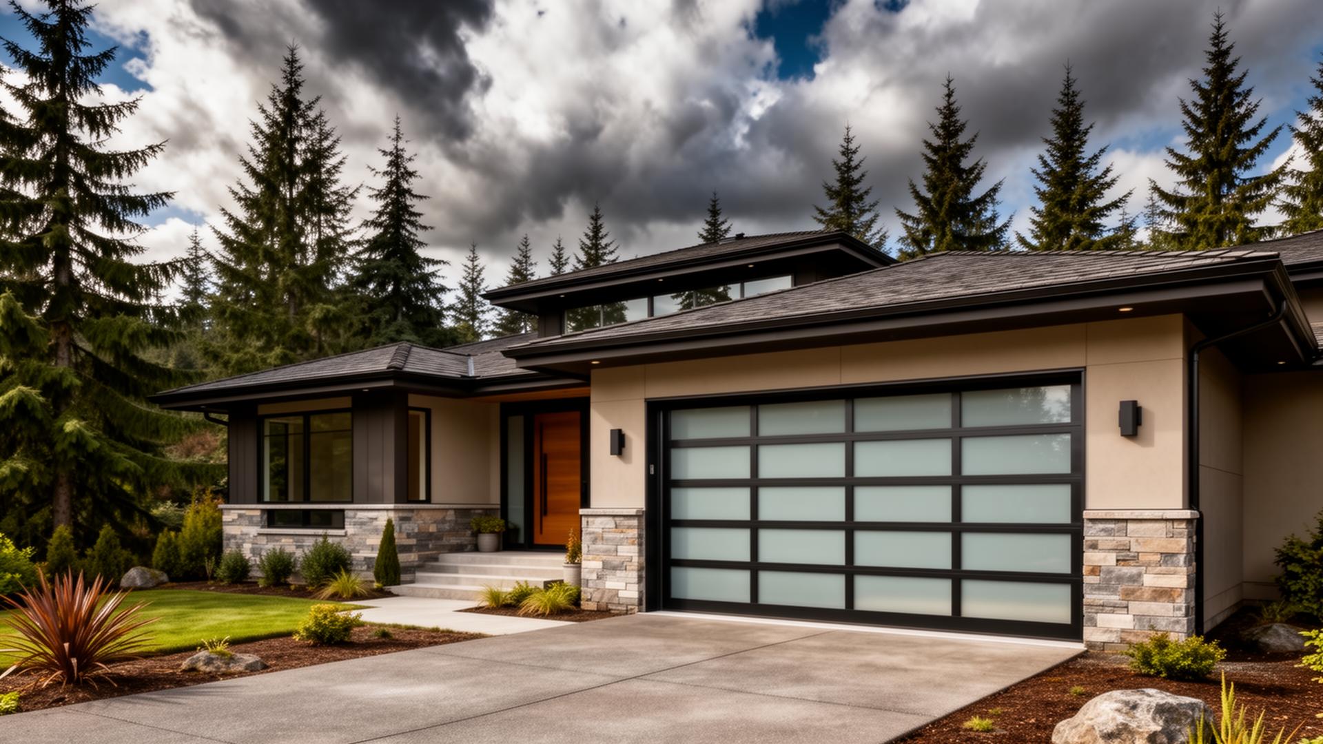 Luxury modern home with contemporary aluminum garage door with frosted glass panels