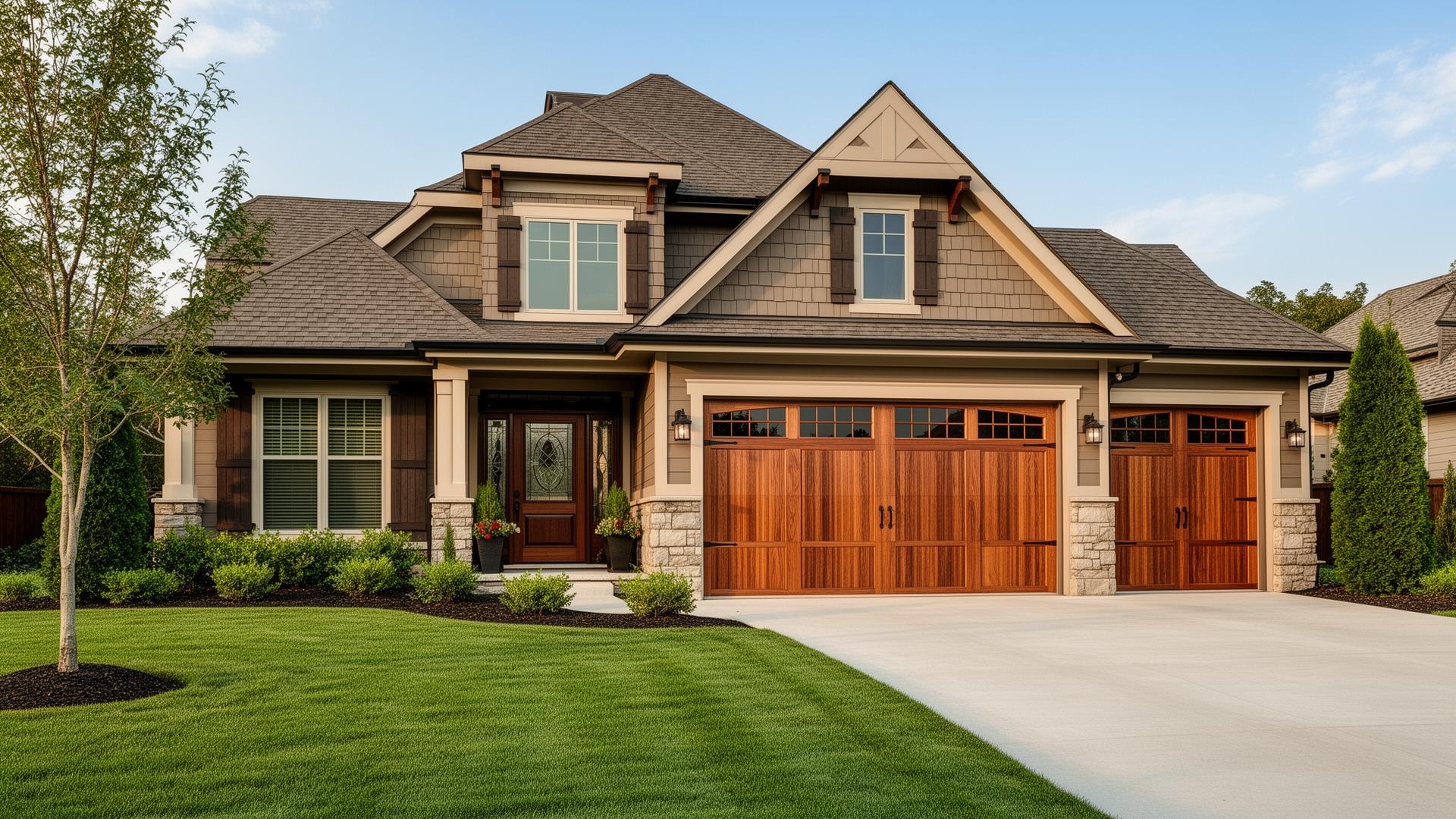 Craftsman style home with custom wood grain carriage house garage doors