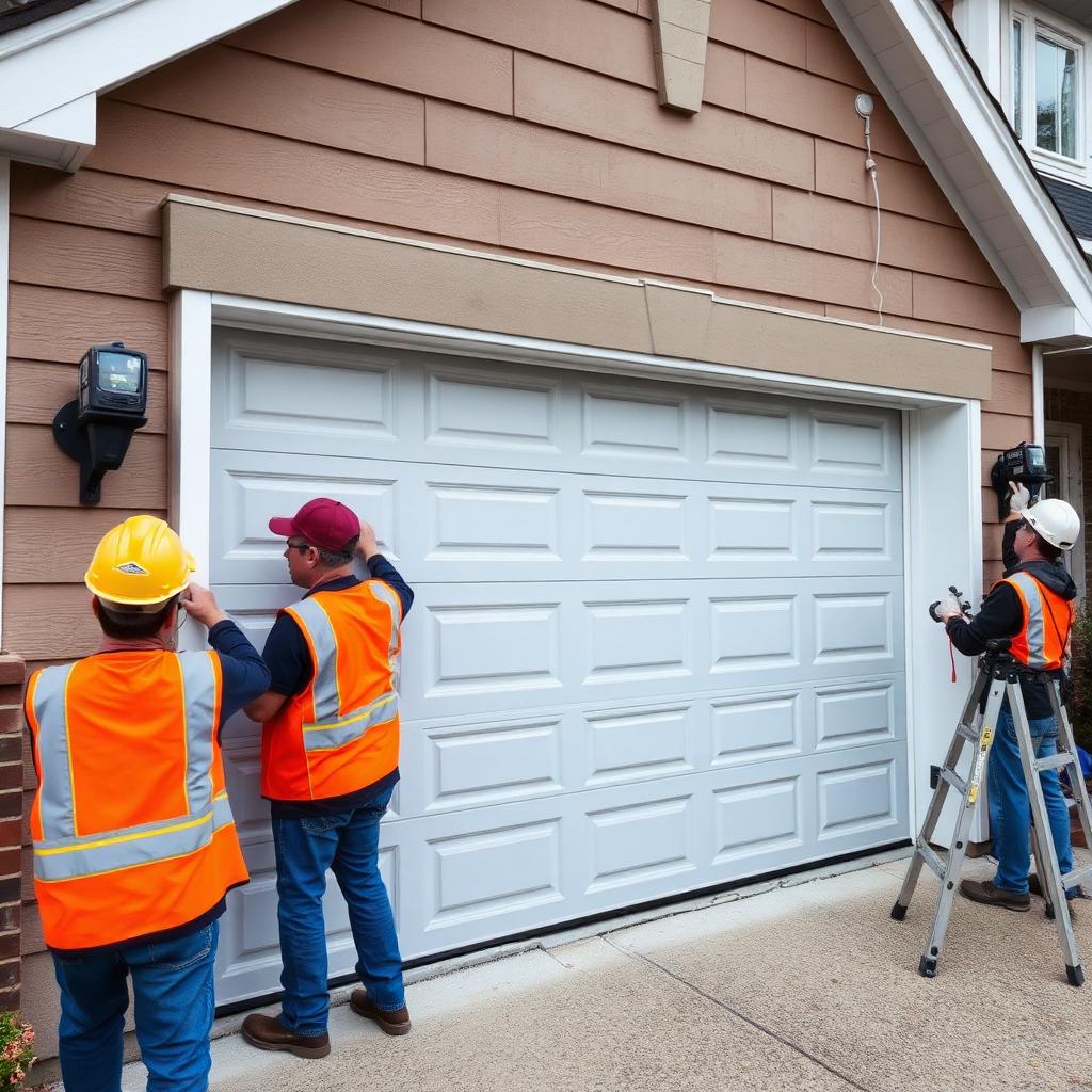 Professional garage door installation team installing new door on residential home