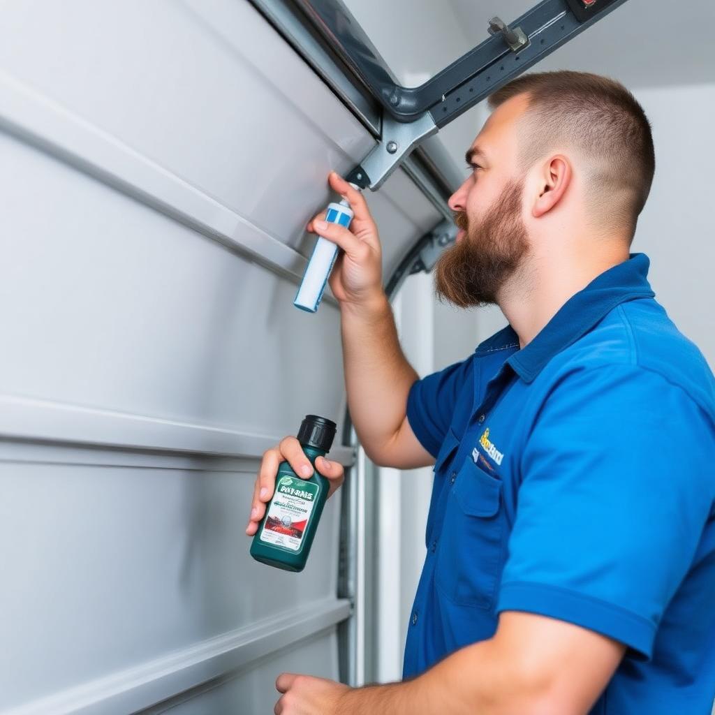 Garage door maintenance technician performing inspection and lubrication