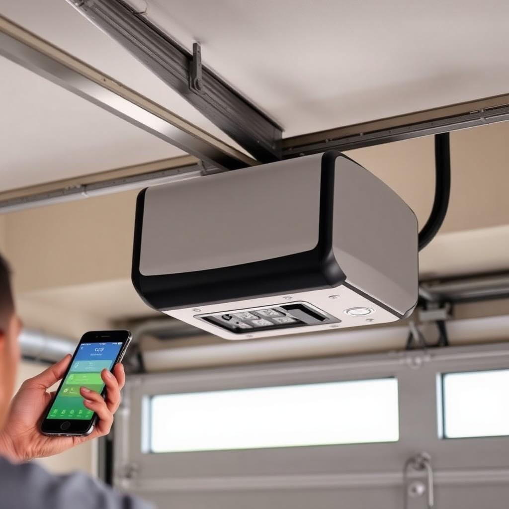Smart garage door opener being installed with smartphone app control