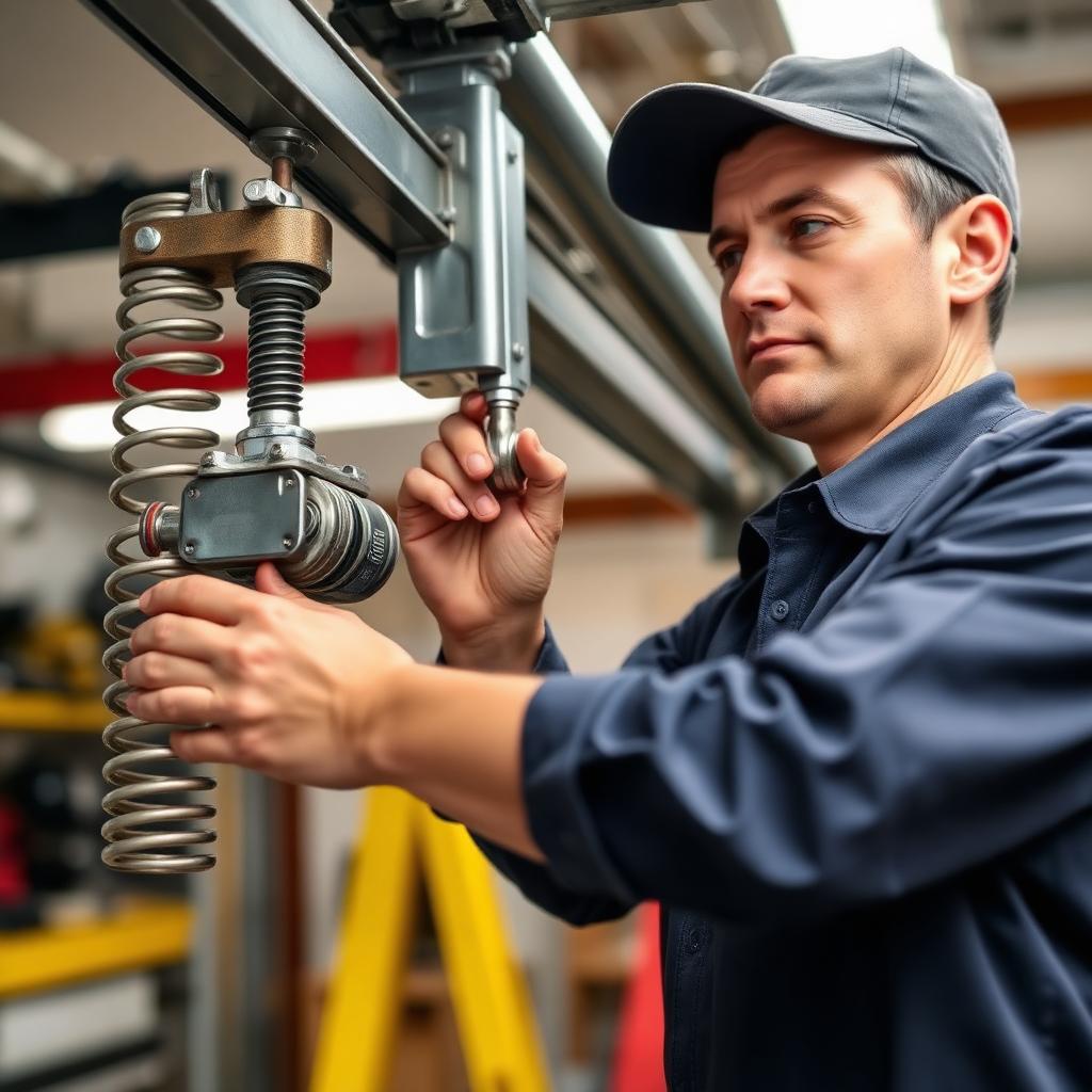 Technician repairing garage door spring mechanism with professional tools